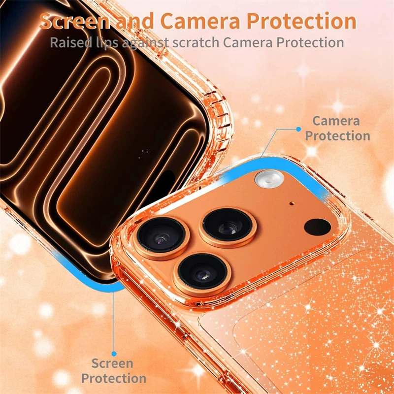 Funda suave transparente con brillantina para iPhone 17 Air 16 15 14 13 12 Pro Max Plus 17Pro 16Pro 15Pro, para mujer, con borde protector 2