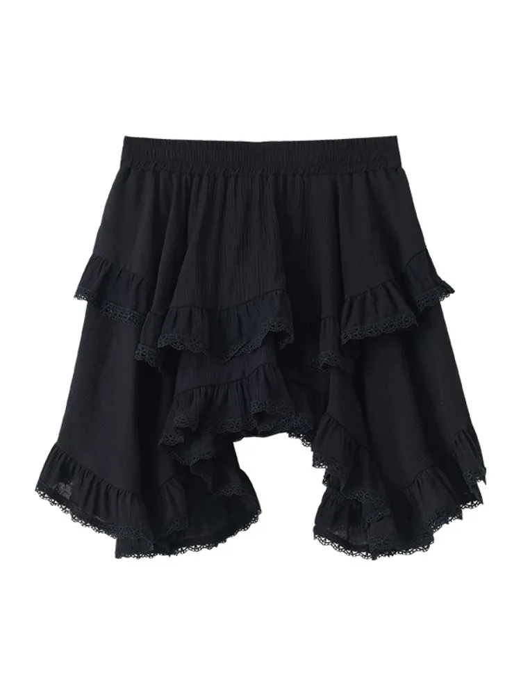 Süßer weißer asymmetrischer A-Linien-Rock für Damen, Sommer, hohe Taille, schlankmachender Spitzenbesatz, Eisseiden-Kuchenrock, Pendler-Sle