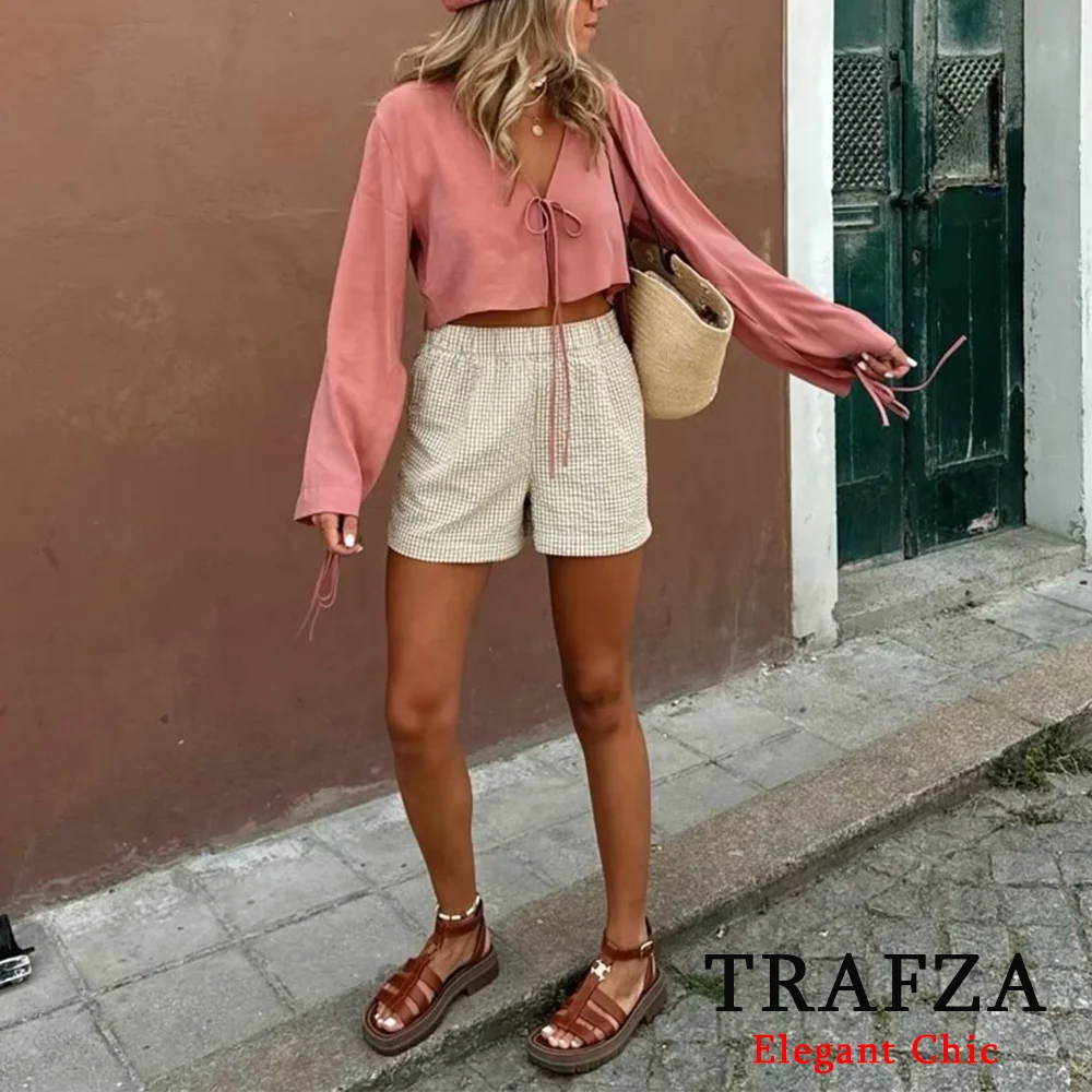 TRAFZA w stylu Basic Casual kobiet moda koszulka Solid 2024 wiosna lato z kokardą obszyta krótka koszula bluzki eleganckie topy plażowe