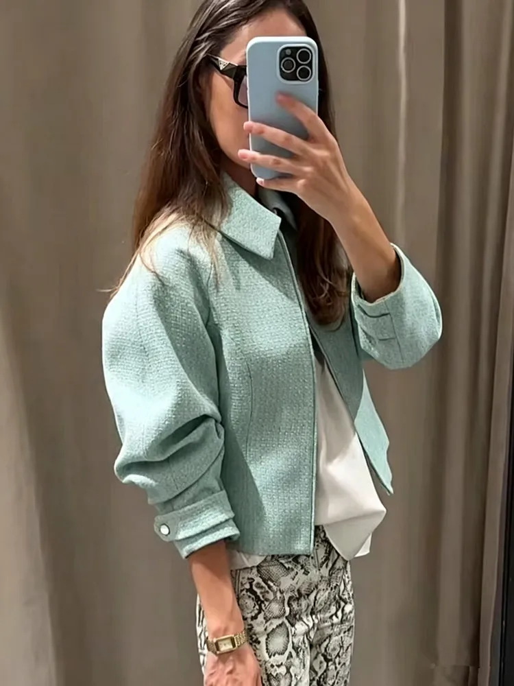 Ladies Vintage Causal Zipper Lapel Autumn Winter Jacket Women Long Sleeve Daily Coat High Street Outfits Outwear Chic Top Female