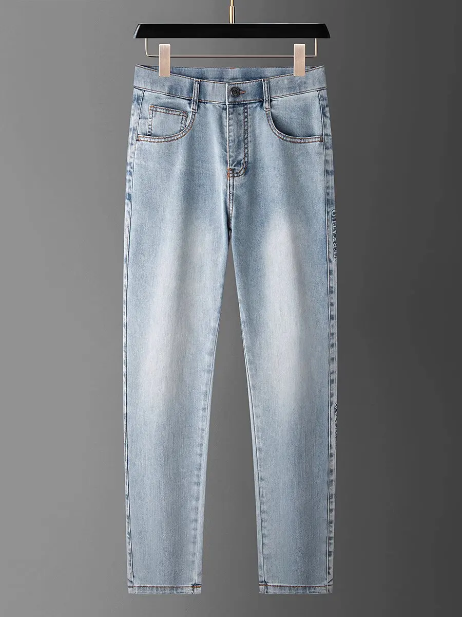 

Spring and summer light luxury comfort elastic combed cotton all wash light blue men slim small straight leg casual jeans
