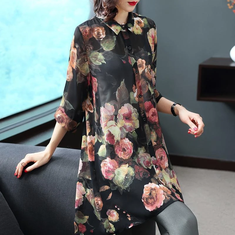 Temperament Fashion Summer Women\'s Square Collar Print Single Breasted Asymmetrical 3/4 Sleeve Loose Mid-length Shirt Dress