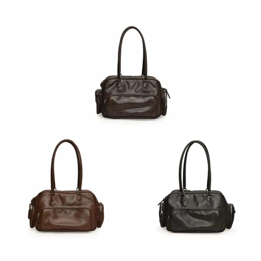 여러 포켓 PU 핸드백 숄더 파우치 토트 스토리지 PU 가죽 숄더 백 한국 스타일 대용량 메신저 백 여성