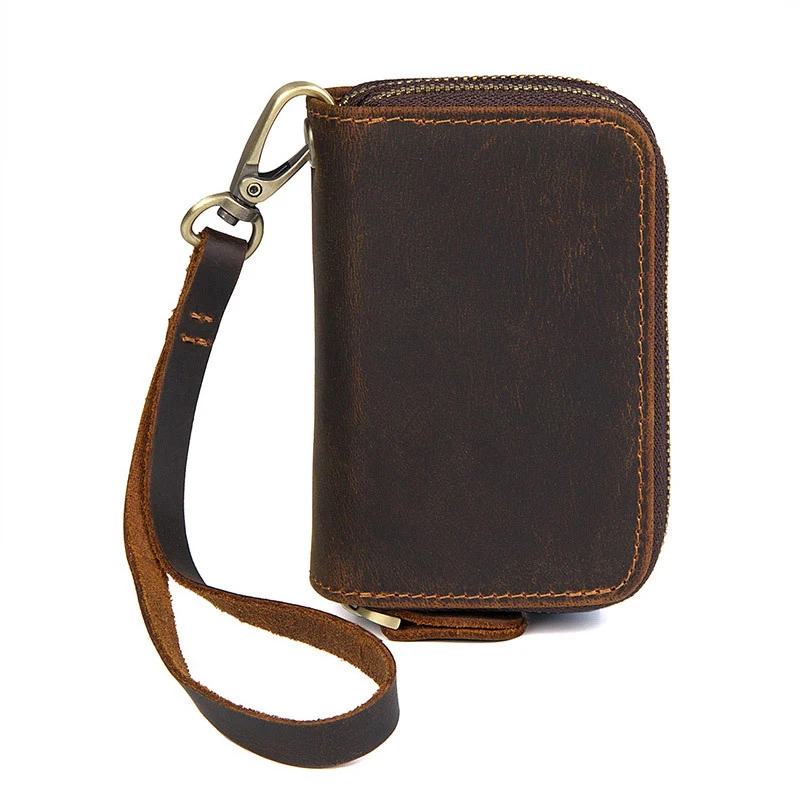 Double Zipper Crazy Horse Leather Retro Card Case Top Cowhide Coin Purse Car Key Keychain Holder with Hand Strap Clutch Bag