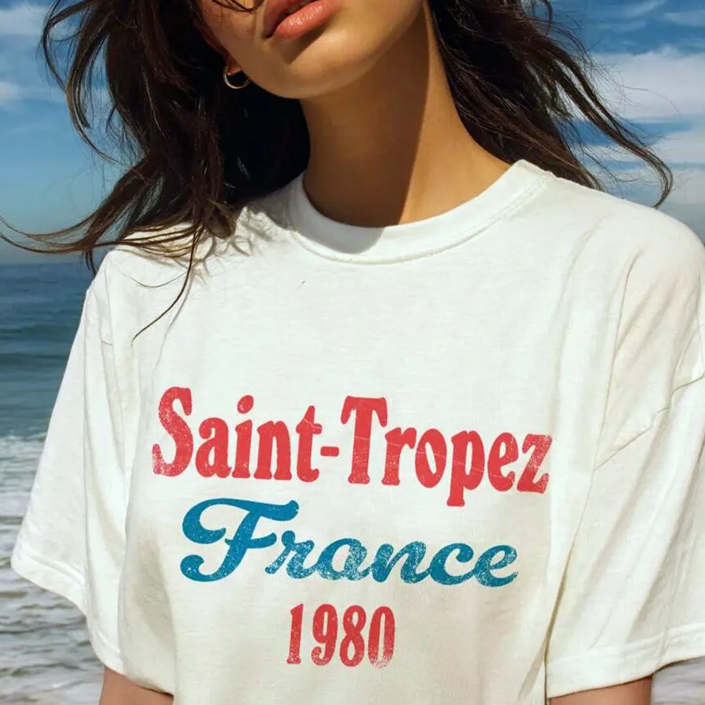 2026 Summer France Vintage Style Letters Printing White T Shirts Female Loose Cotton Short Sleeve Tops Tumblr Fashion Tees