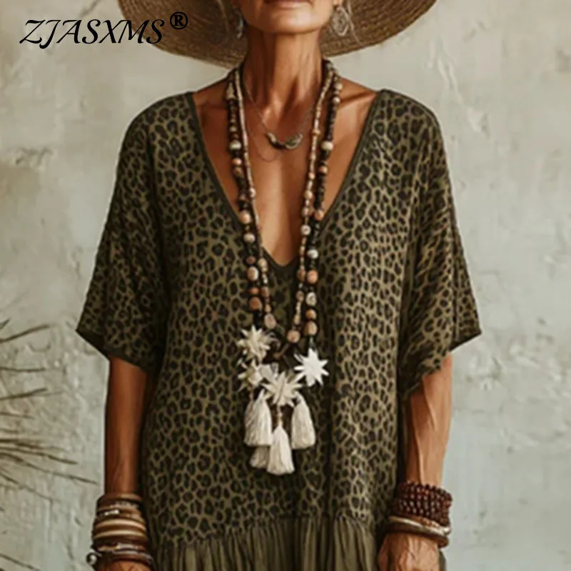 Boho Kleid mit Leopardenmuster für Damen, V-Ausschnitt, Kurzarm, Farbblock, Locker Geschnittenes Lässiges Maxikleid, Urlaub Sommer Strand A-Linien-Kleid