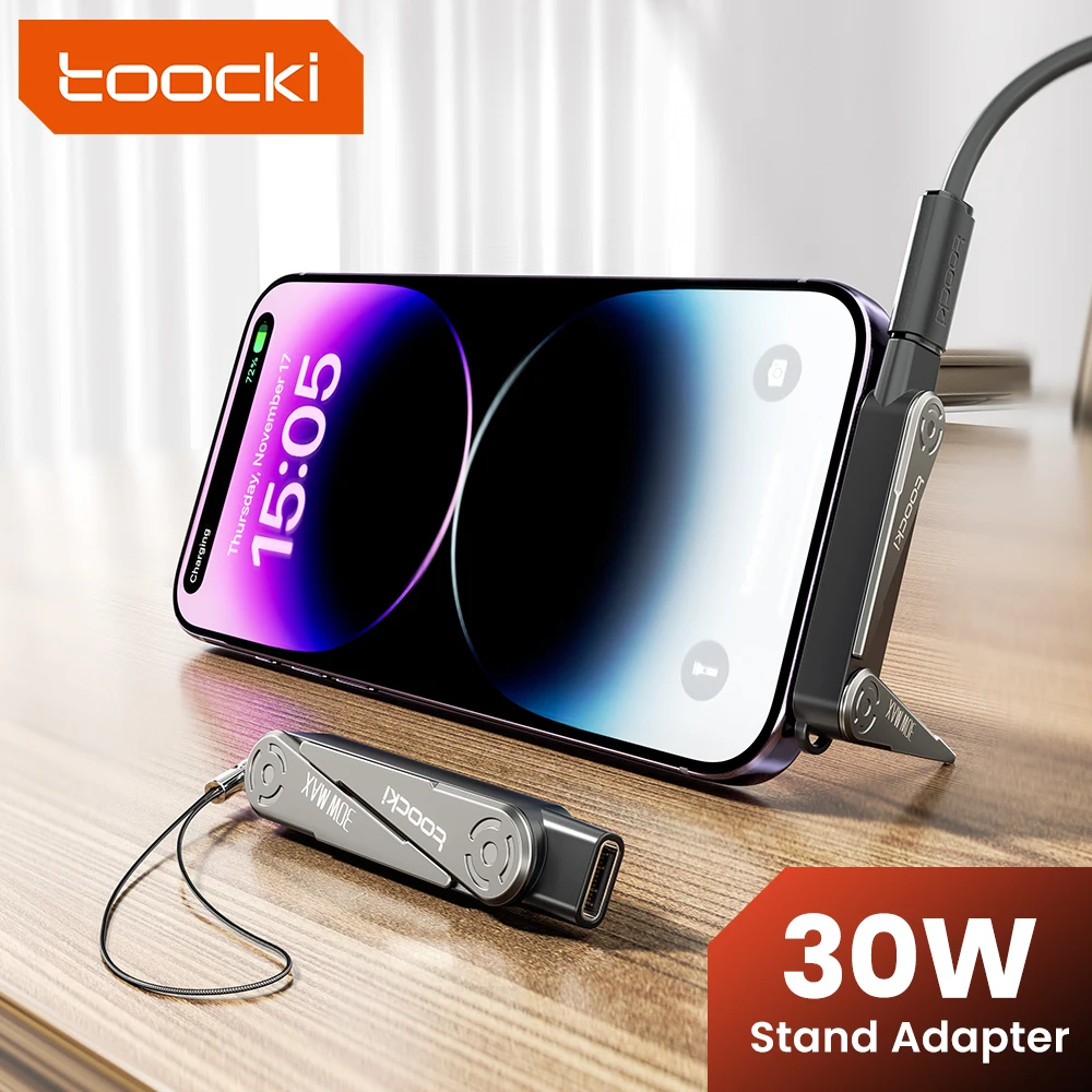 Toocki 30W USB-C-auf-Lightning-Adapter mit integriertem Klappständer und Trageband, tragbarer Typ-C-Buchse auf iP-Stecker OTG für iPhone 14 13