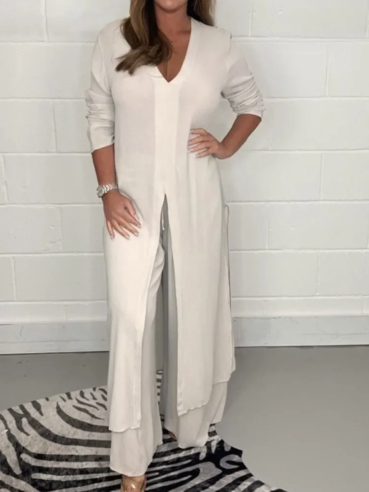

Casual Two Piece Set For Women Solid Color V-neck Maxi Slit Tops And Loose Wide Leg Pant Sets Fashion Lady Suits Streetwear