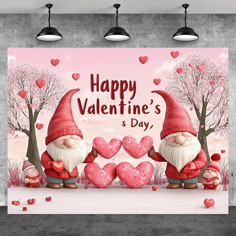 1PCS Digital Print Tapestry, Valentine's Day Gnomes Pink Hearts Cherry Tree, Cute Romantic Cartoon Style for Bedroom Living Room