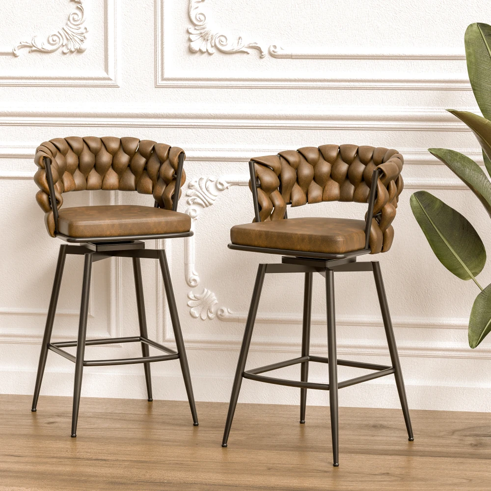 

28'' Technical Leather Woven Bar Stool Set(2), Black Legs, Non-Adjustable,360 Swivel Brown Kitchen Chairs with Back&Footrest