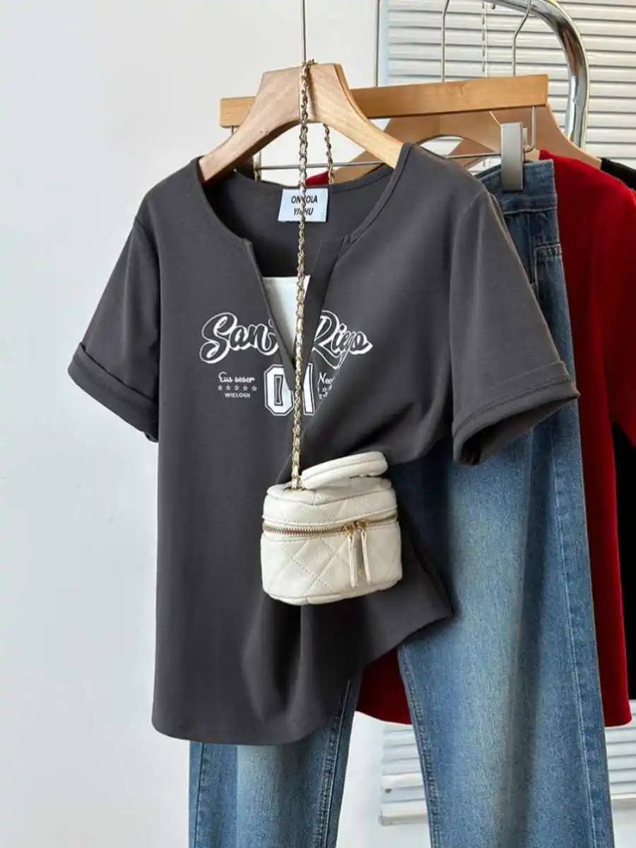 Sommer Brief Gedruckt Fake2 stück T-shirt Frauen V-ausschnitt Spleißen Kurzarm T-shirts Casual Retro Mode Lose Tops