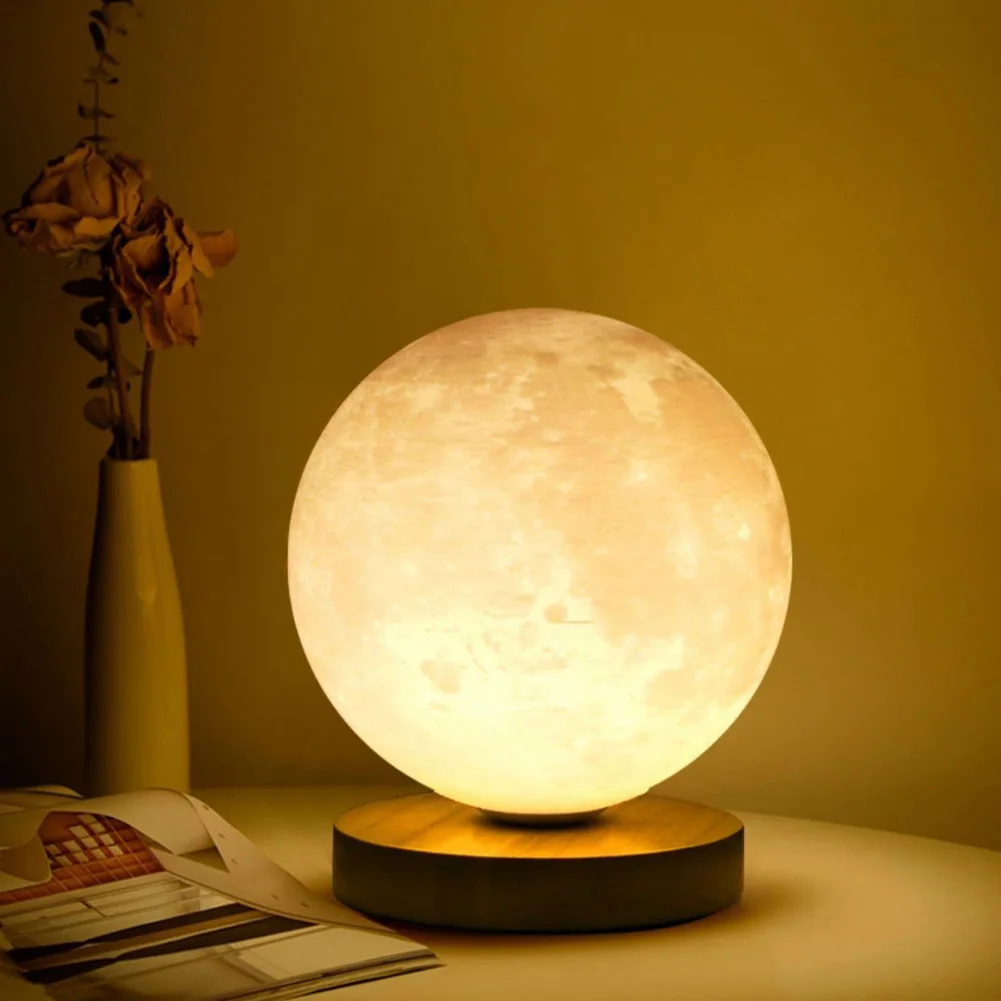 Luz de noche flotante magnética de Luna levitante, lámpara LED impresa en 3D de mesa creativa con Base de madera para regalo, oficina, dormitorio,