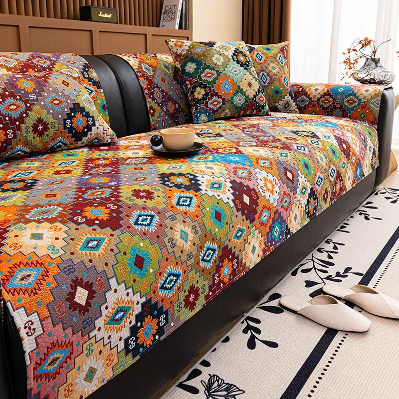 Bohemian Polyester Cotton Couch Slipcover Retro Fixed Anti Slip Sofa Blanket Jacquard Living Room Decor Seat Pad Cover Towel