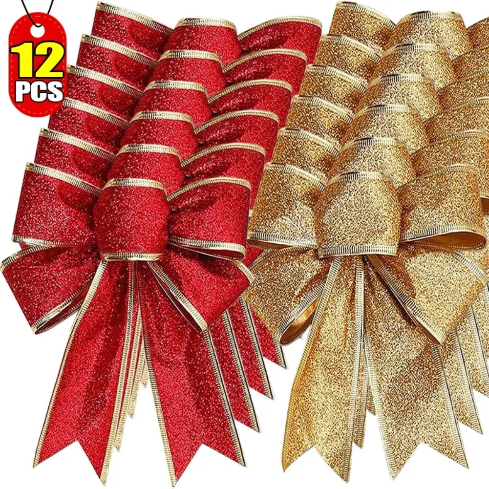 

12/2PCS Glitter Christmas Bow Gold Red Xmas Tree Ribbon Bowknot Hanging Pendant Ornaments for New Year Party Home Decor Gifts