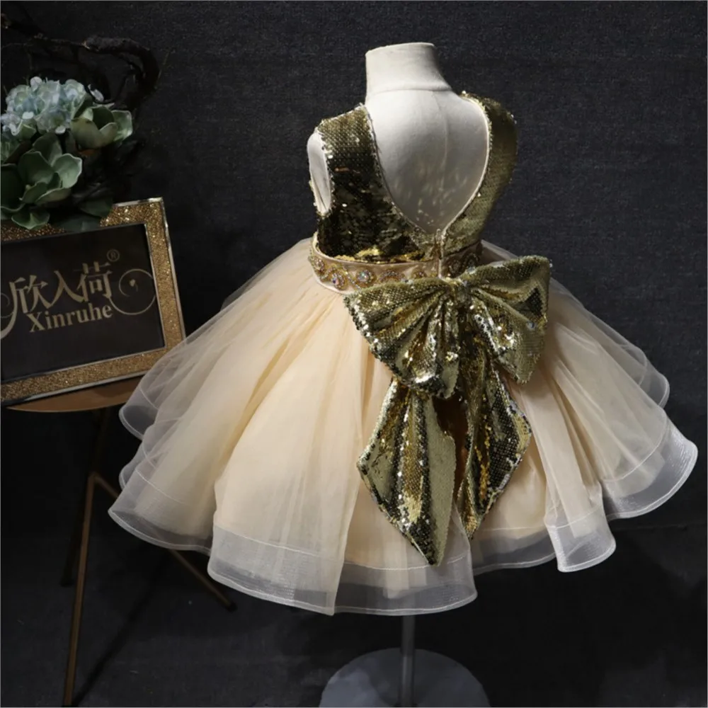 Golden sequin mesh patchwork sleeveless princess dress girls and children's dress flower party birthday dress image 2
