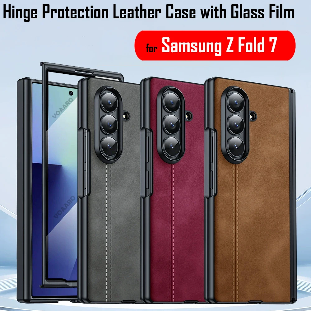 

Кожаный защитный чехол для Samsung Galaxy Z Fold 7, защитный чехол с петлями для Samsung Galaxy Z Fold 7, передняя рамка со стеклянной пленкой