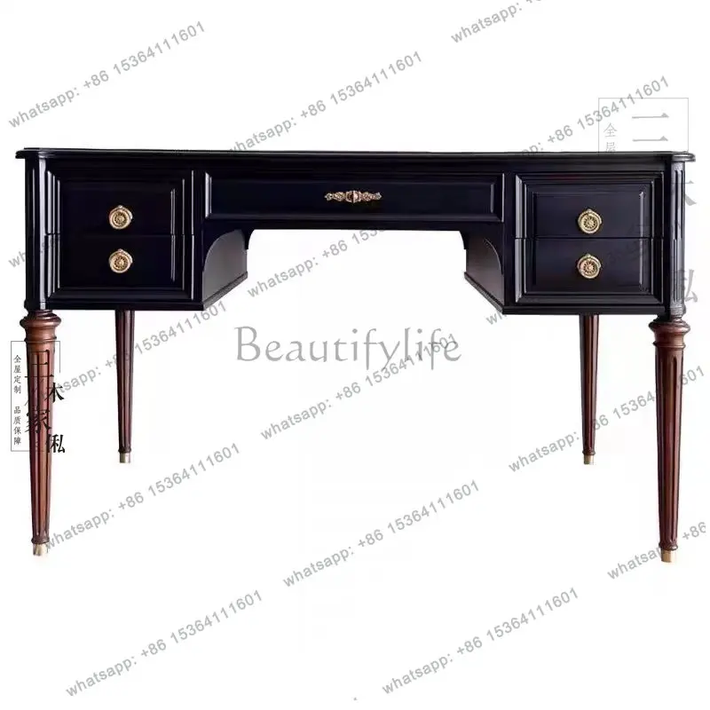 

American retro carved solid wood desk European French light luxury writing desk modern minimalist black