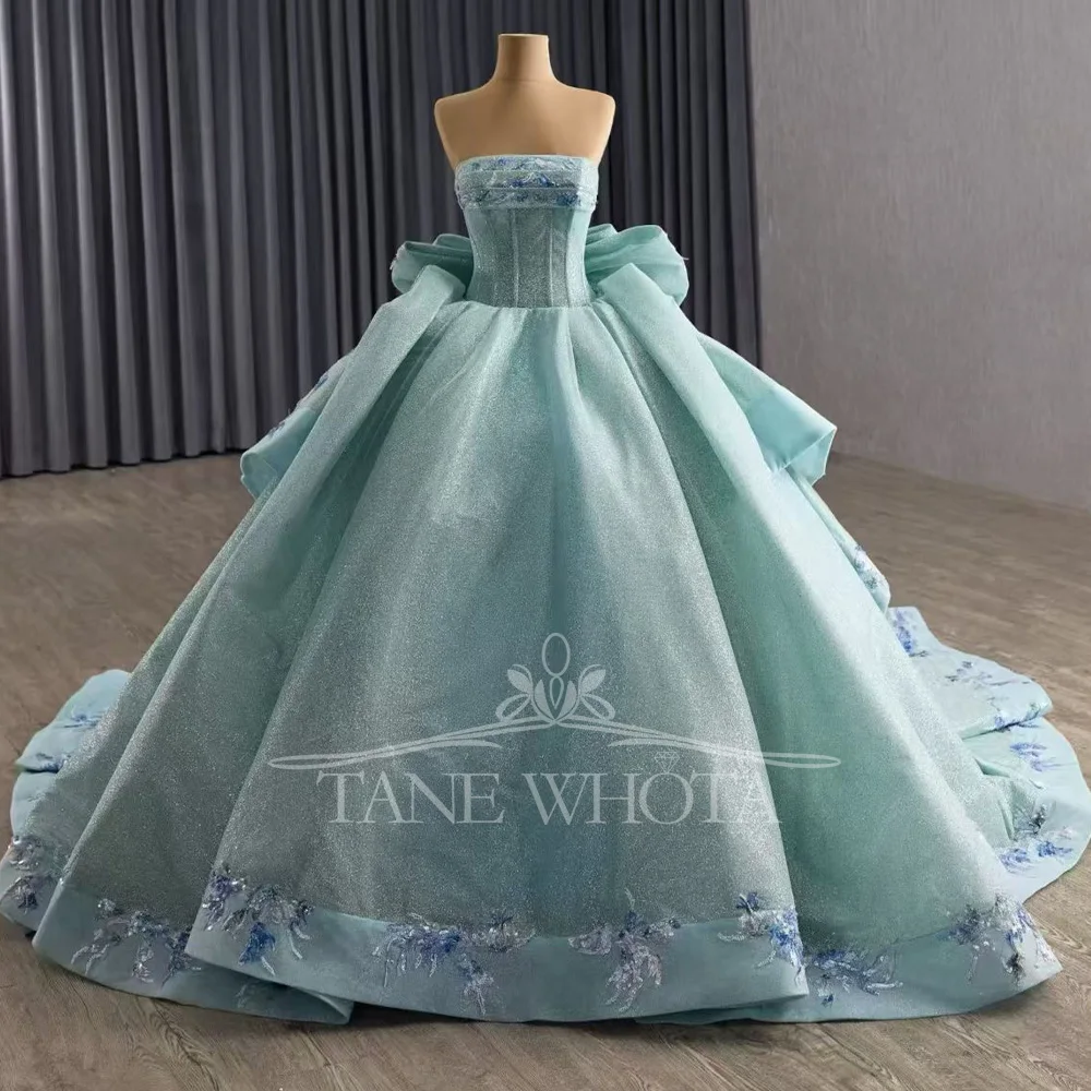 

Blue Strapless Sleeveless Quinceanera Dress Lace-Up Back Glitter Sequined Bow Customizable