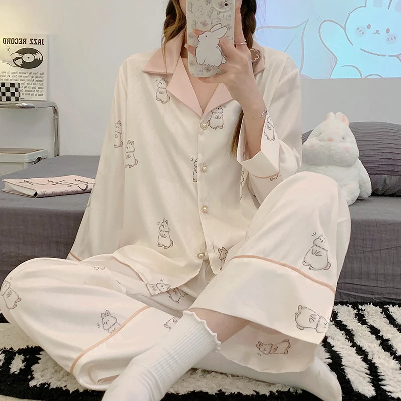 French Elegant Cartoon Rabbit Print Women\'s Pyjamas Trend Kawaii Fashion Y2k Sleepwear 2024 New Autumn Long Sleeve Pant Home Set