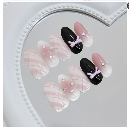 10pcs/bag Press On Nails Bowknot Design Flower Heart Pink Black Blush Rhinestones Animal Print Full Cover Wearable False Nails