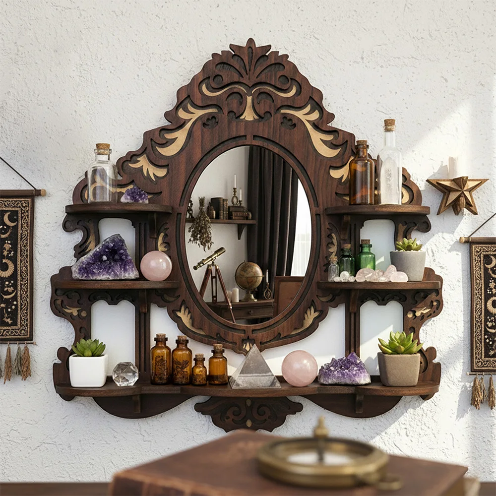 Prateleiras Flutuantes Montadas na Parede, Prateleira de Exibição de Cristal de Madeira com Espelho, Decoração Gótica para Casa, Acessórios Boho para Sala de Estar