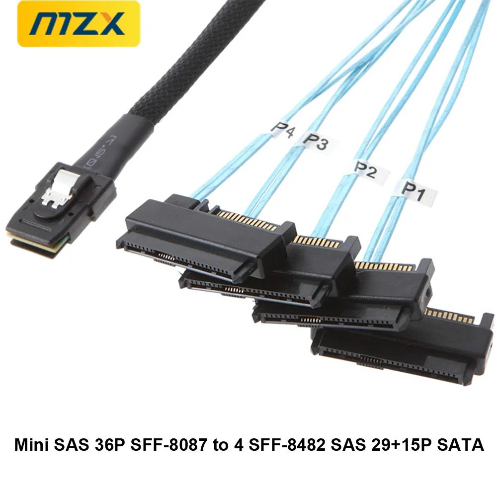 MZX Mini SAS 36P SFF-8087 to SFF-8482 SAS 29+15P SATA Connector Adapter Cable 50cm/100cm 1.64ft/3.28ft PC Computer Accessories
