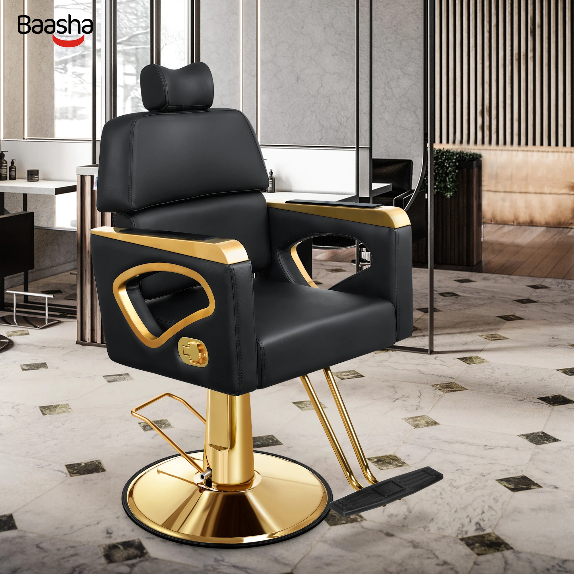 Baasha Reclining Salon Chair with Adjustable Backrest & Lumbar Support, Heavy Duty Barber Chair with Durable Steel Frame