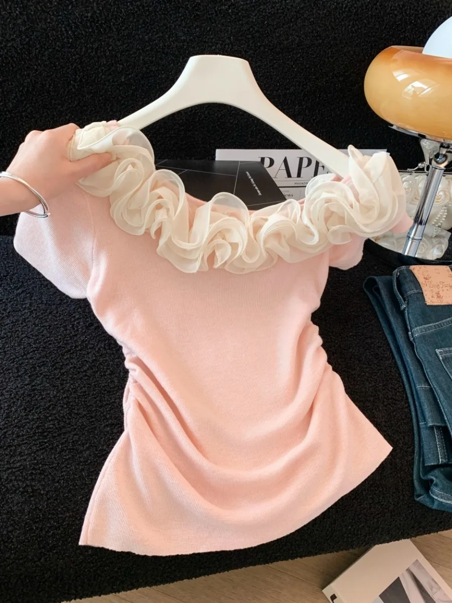 Pure Desire 3D Petal Pleated Waist Short Sleeve Women's T-Shirt Summer Design Unique Elegant Short Length Top Female Premium ...