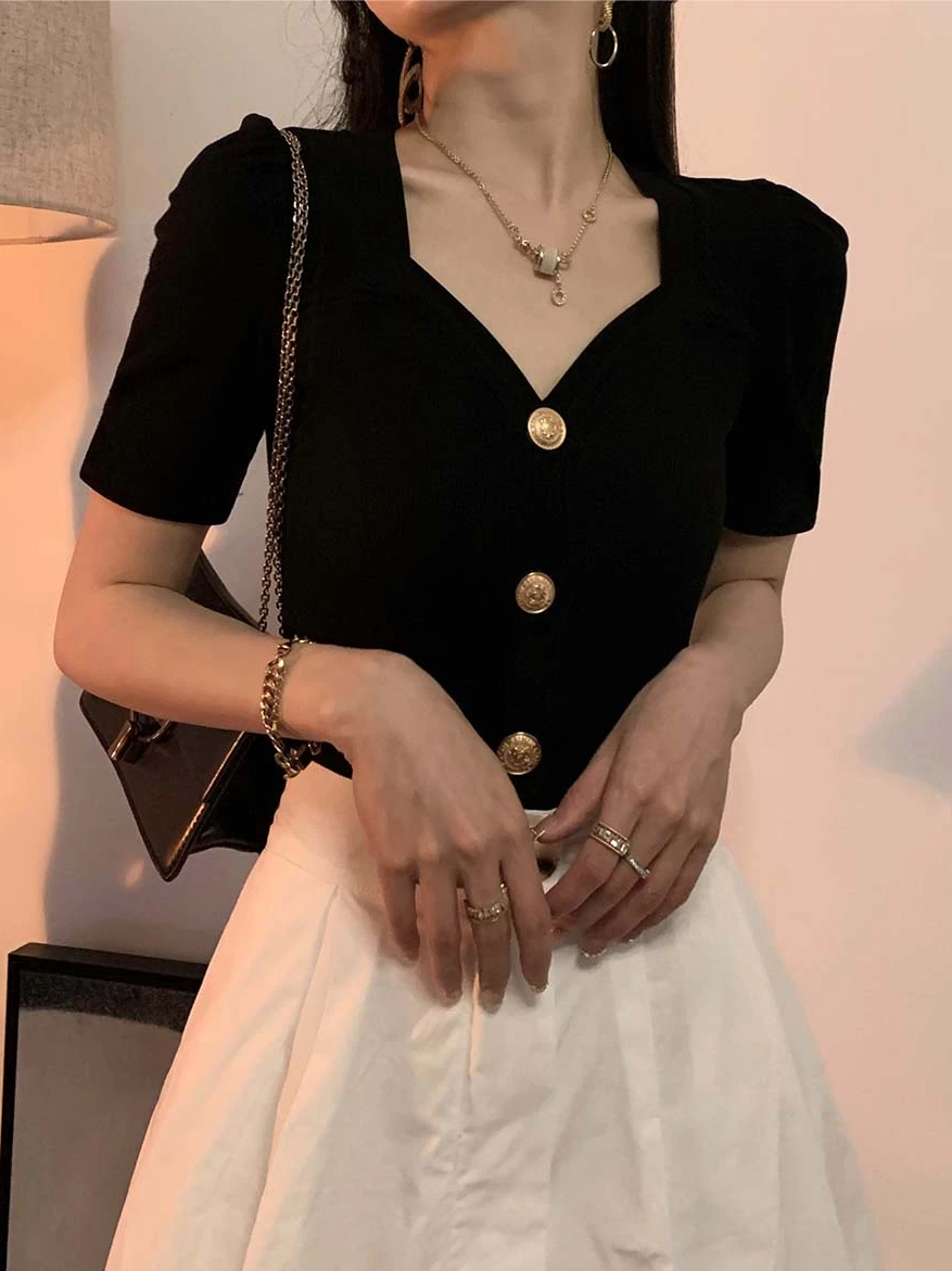 

Bla Vintage V-Ne ort Sve Women's T-irt Summer Bone Exposure Design Bubble Sve Square Collar Cotton Blend Top