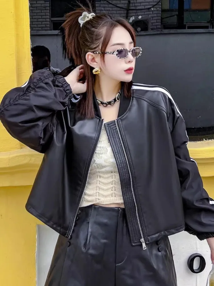 Hip Hop Women Genuine Leather Bomber Jacket Long Sleeve Casual Loose Fit Outewear Stand Collar Spring New Sheepskin Short Coat