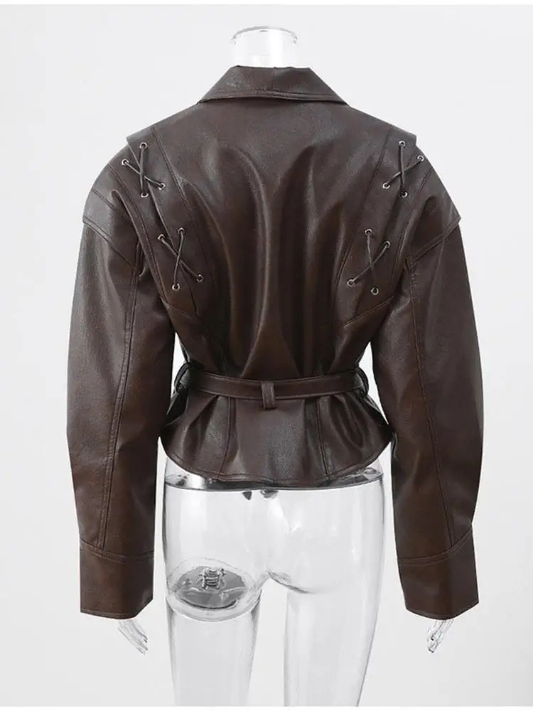 

Street Sle Retro Faux Leather Jaet V-Ne Belted Spring Autumn New All-Match Coat Long Sve Slim Fit PU Material