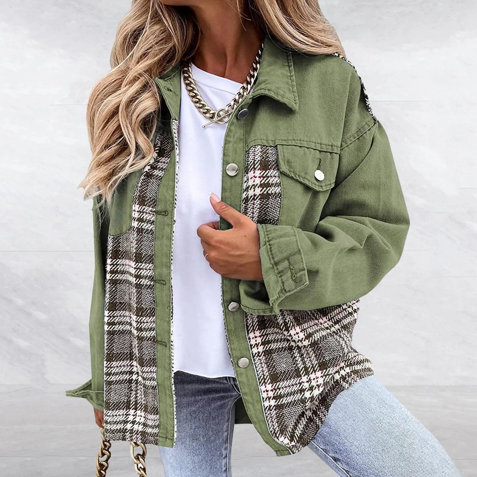 Fashion Casual Plaid Jacket Women Autumn And Winter Loose Denim Plaid Fashion Long Sleeve Jacket Large Size Women's Casual Coats