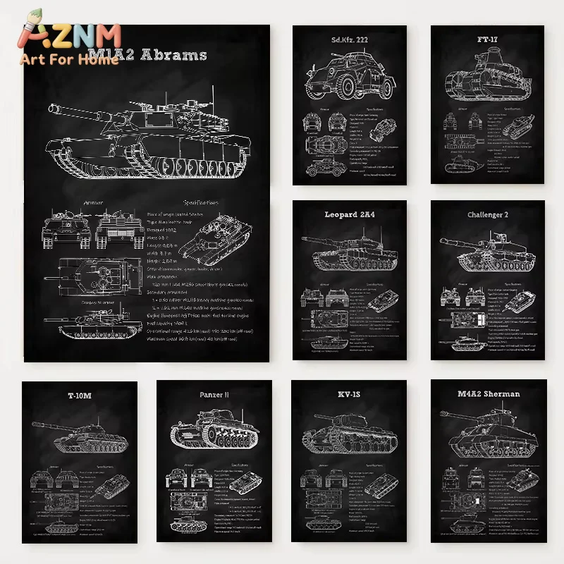 Panzer-Bluprint Schwarzes Poster Deutscher Schwerer Panzer US-Armee Weltkrieg Leinwandgemälde Wandkunst für Wohnzimmer Heimdekoration