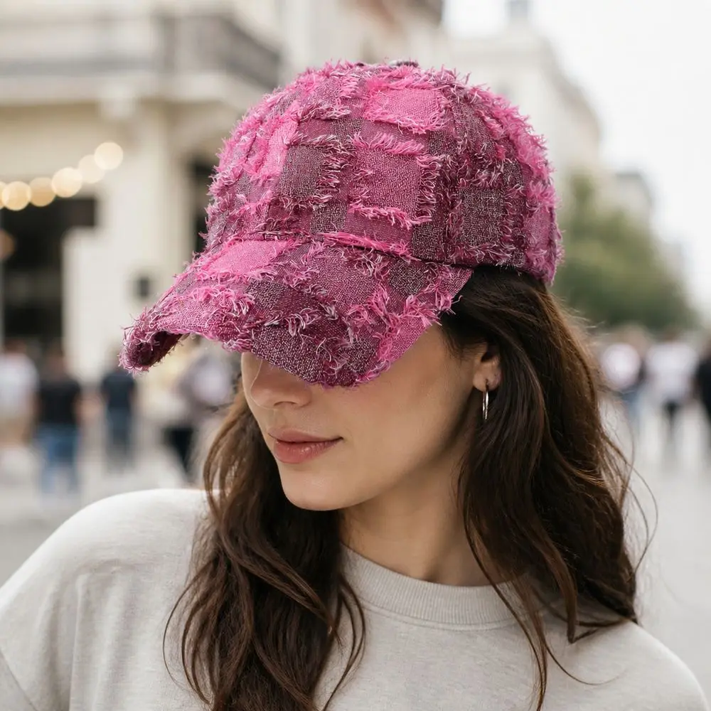 Frayed Edge Distressed Baseball Cap Plaid Pattern Adjustable Fit Plaid Baseball Cap Plain Front Distressed Style