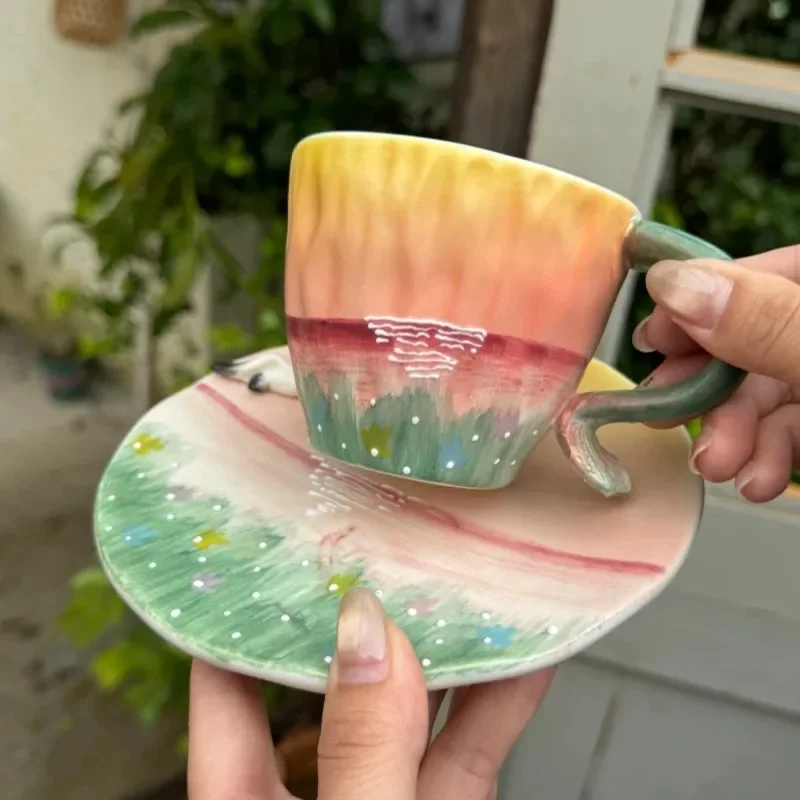 Hand Painted porcelain Mug Saucer Set Sunset Lake 3D Swan Decor Vine Handle Artistic Coffee Cup for Home Afternoon Tea Cups Gift