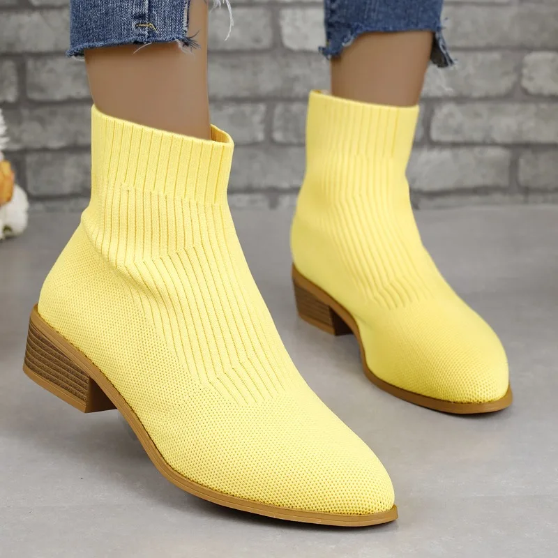 Ankle Sock Boots for Women Fashion Medium Heel Pointed Toe Knitted Short Chelsea Boots Female Casual Heeled Shoes Footwear Pumps