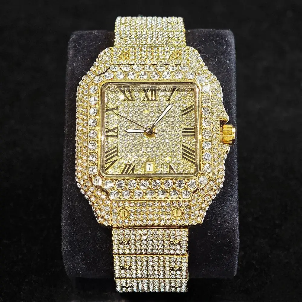 UNIGUET ساعة ثلج فاخرة للرجال والنساء موضة الهيب هوب كامل الماس مربع زوجين ساعة اليد هدية 2026 Hor Sale