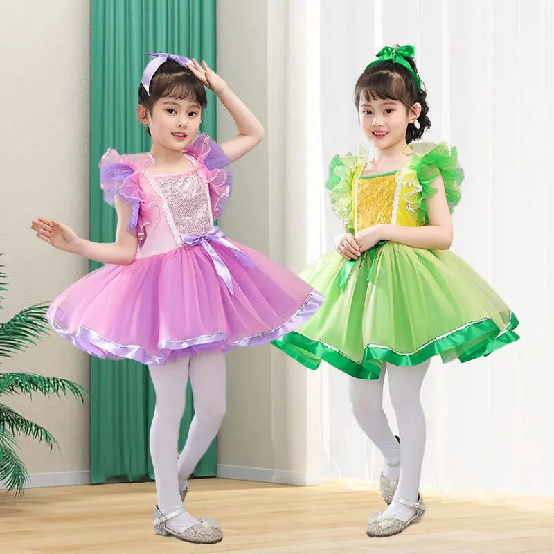 Kids Ballroom Clothing Sequined Tulle Party Prom Dresses For Girl Gown Children Evening Dresses Pink Girls Modern Dance Dress