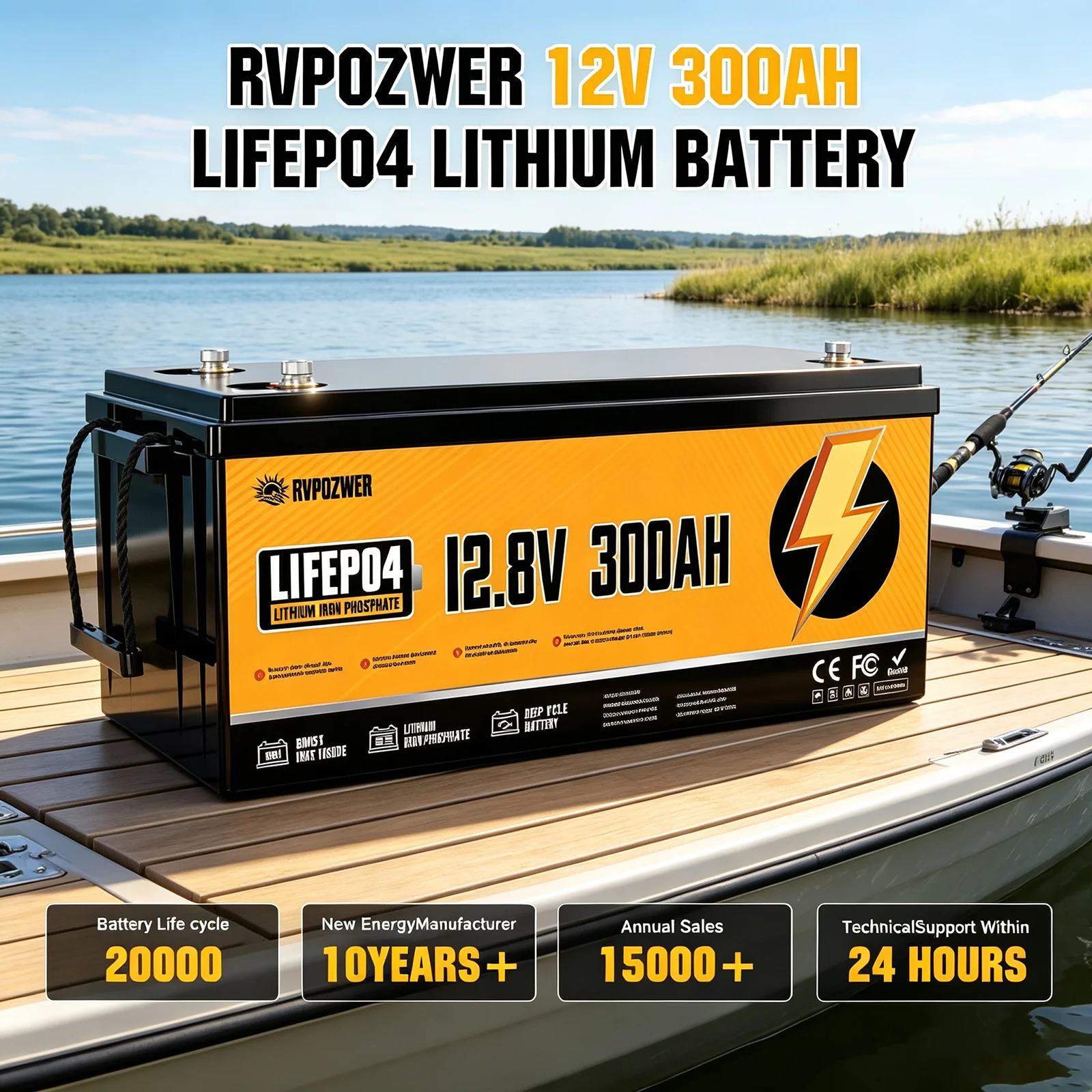 RVPOZWER LiFePO4 Iron Phosphate Lithium Battery, Rechargeable Portable Battery with 15000+ Deep Cycles for Off-Grid Solar System, RV, Camper Trailer, Marine Boat, Trolling Motor, Household Emergency Backup Power, 12.8V/300Ah/3840Wh