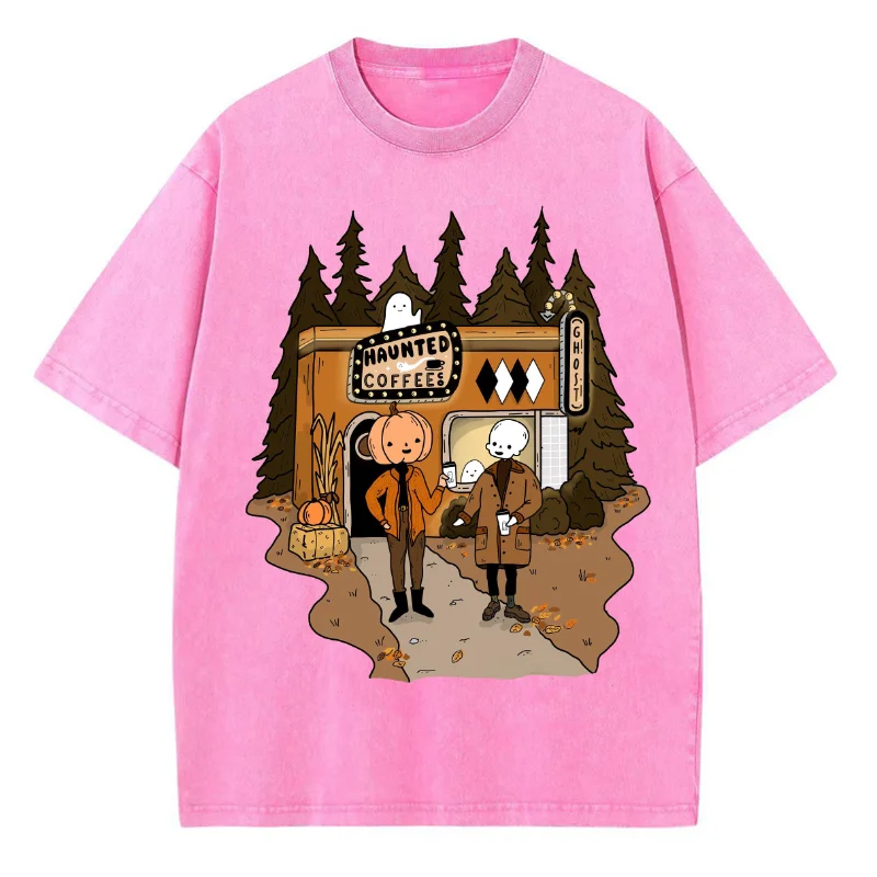 Halloween Pumpkin Print Spoof T-Shirt Ladies Washed Oversized Stretch Short Sleeve Arajuku Style American Vintage Top
