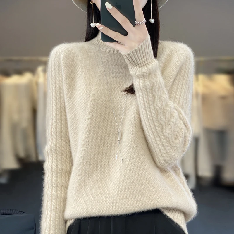 100% Merino Wool Stylish Turtleneck Sweater Women Tops Solid Color Knit Clothe Autumn Winter New Loose Casual Commute Pullover