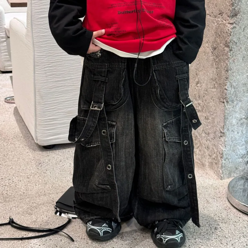

Boys Pant 2025 Autumn Spring Korean Style New Arrival Fashion Trendy Cool Workwear Pocket Casual Washed Black Pant