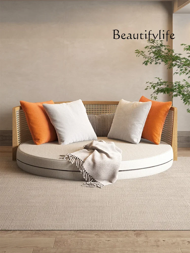 N Nordic Rattan أريكة سرير كاجوال قابلة للطي مزدوجة متعددة الوظائف مستديرة من الخيزران للسرير والإفطار