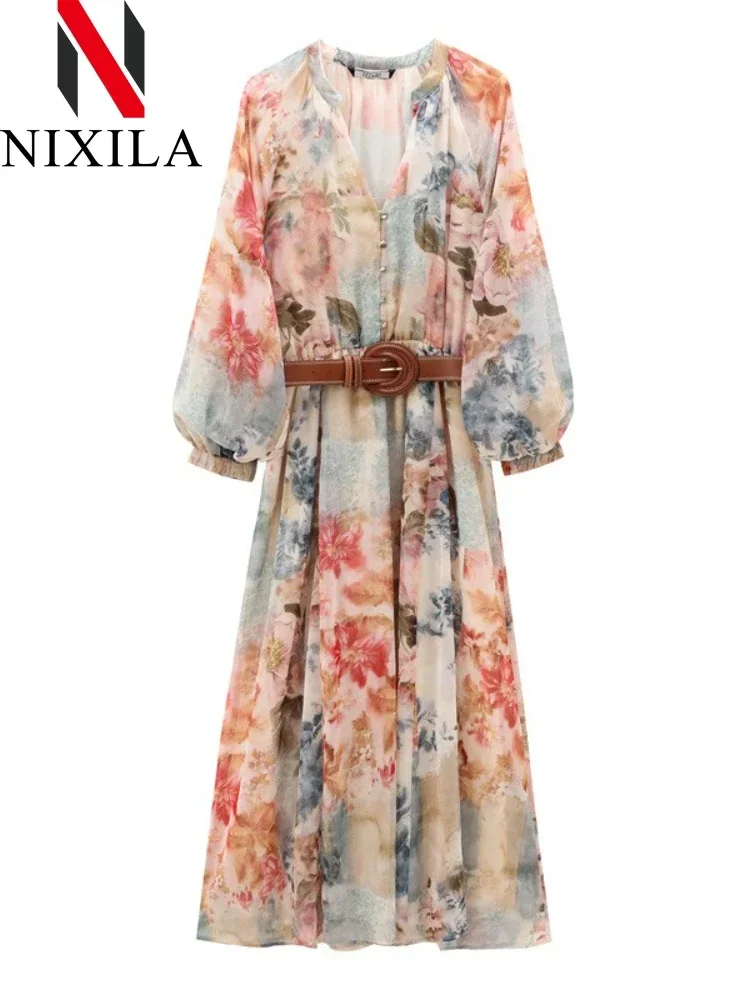 

Spring Summer Elegant Print Long Dress with Belt for Women Fashion Long Sleeved Loose Casual Elasticated Waist Female Midi Dress