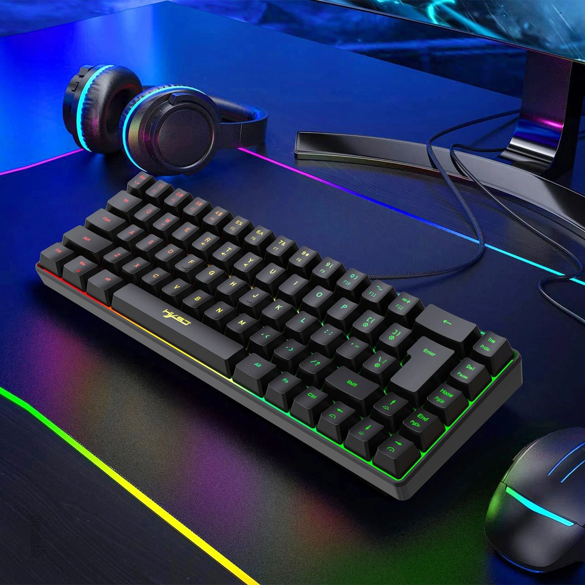Teclado gamer 68key Wired Portable 60% Gamer Gaming Keyboard White ABS Material RGB Backlit PC USB Film ergonomic Keyboard black