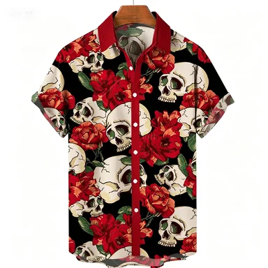 Brown Toned Skull Flower Printed Short Sleeved Shirt Japanese Style Dark Harbor Style Cardigan