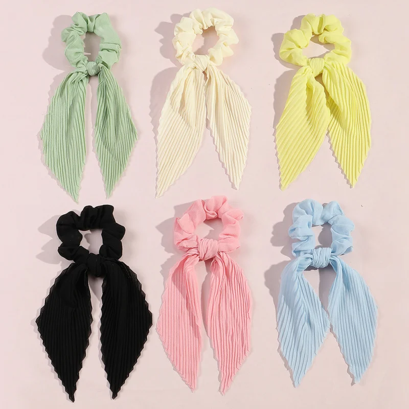 6Pcs/set Pleated Ribbon Scrunchie – Long Satin Tassel Ponytail Holder for Summer Vacation. view 3