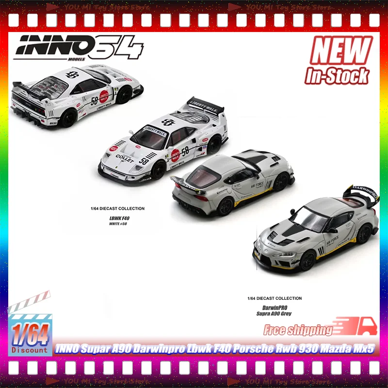 

1:64 Inno Toyota Supar A90 Darwinpro Lbwk F40 Collet Porsche Rwb 930 White Apples GR86 Mazda Mx5 Design Alloy Diecast Model Gift