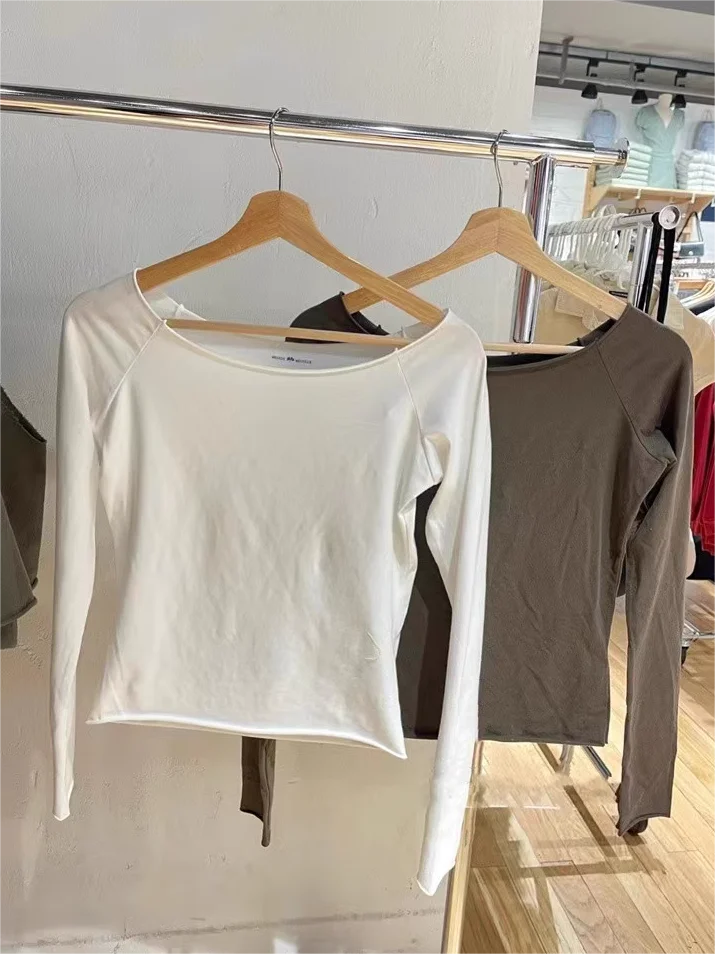 Vintage Raw Hem Slim T-shirt Women Autumn Sexy Slash Neck Long Sleeve Tee Shirt Female Streetwear Cotton Y2k T Shirt Tops 2023