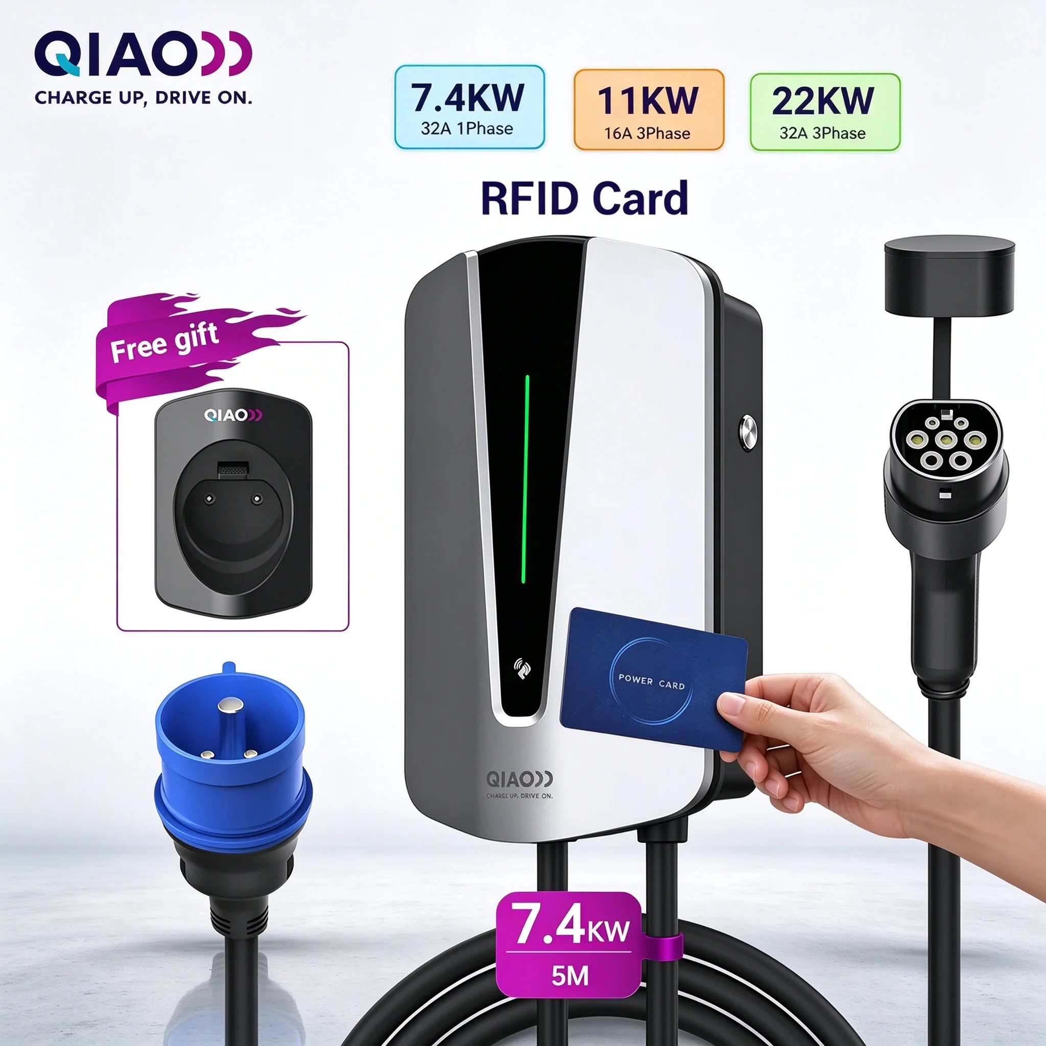 QIAO EV Charging Station 7KW/11KW/22KW 16A/32A Blue/Red CEE Plug for RFID Card Electric Vehicle Car Charger Wallbox Type 2